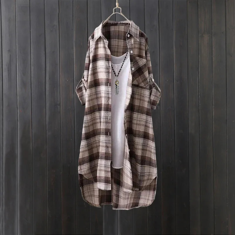 Plaid shirt women's long spring and autumn thin coat Western style long-sleeved shirt loose butt-covering cotton and linen top