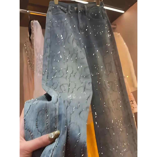 Hot Stamping Diamond Jeans for Women 2025 Spring Autumn Trendy Shiny Rivet Wide Leg Pants Female Straight Loose Denim Pants