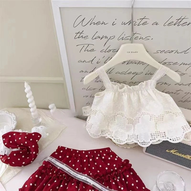 2025 New Strap Little Red Riding Hood Set Summer Cute Girl Hook Flower Western Style Tank Top Polka Pants Skirt Three Piece Set