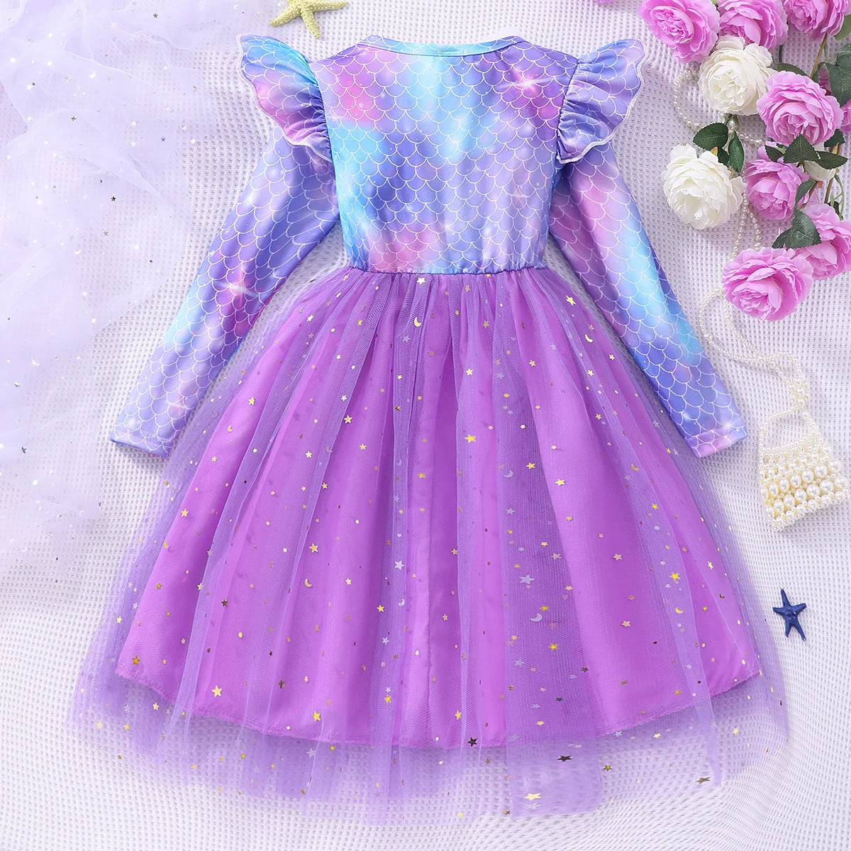 Girls' long sleeved round neck fish scale mesh dress