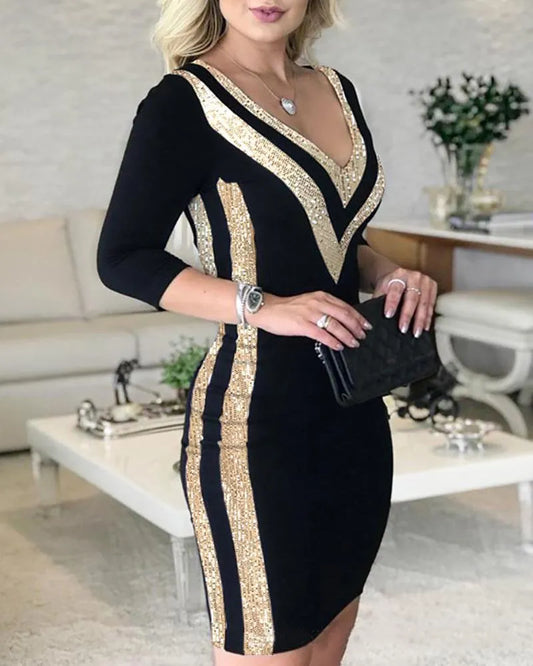 Elegant V-Neck Bodycon Dress for Women, Sexy Tight Fitting Party Dress, Slim Fit Clubwear, Evening Gown