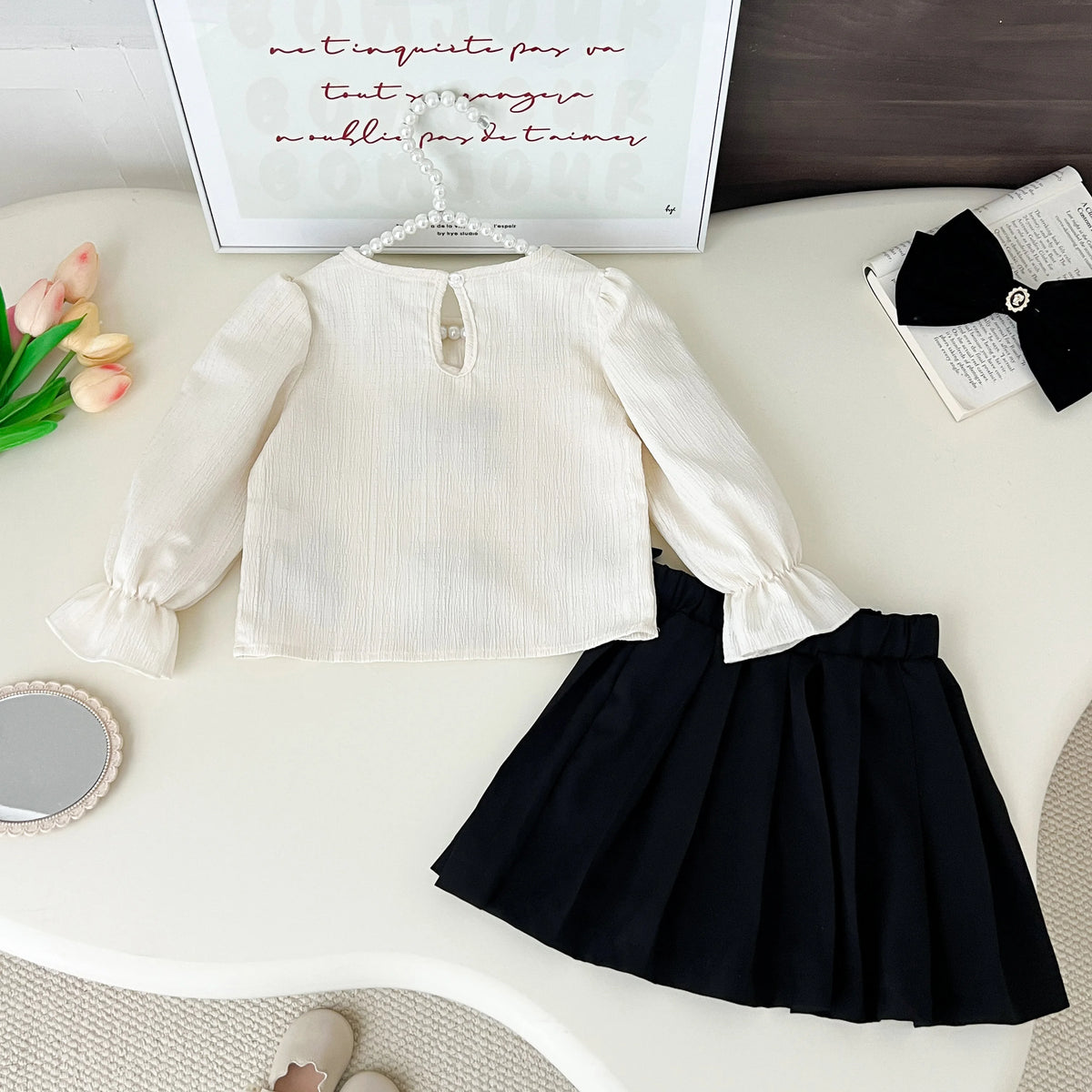 Humor Bear Girls' 2-Piece Outfit Set Bow Lapel Shirt + Pleated Skirt, Baby Girl Spring Clothes