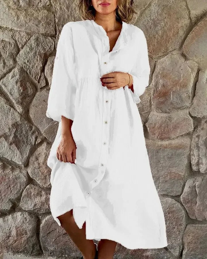 Casual Cotton Linen Long One-piece Pure Color Button-down Women's Dress Cross-border New Style Ankle-length Regular Sleeve