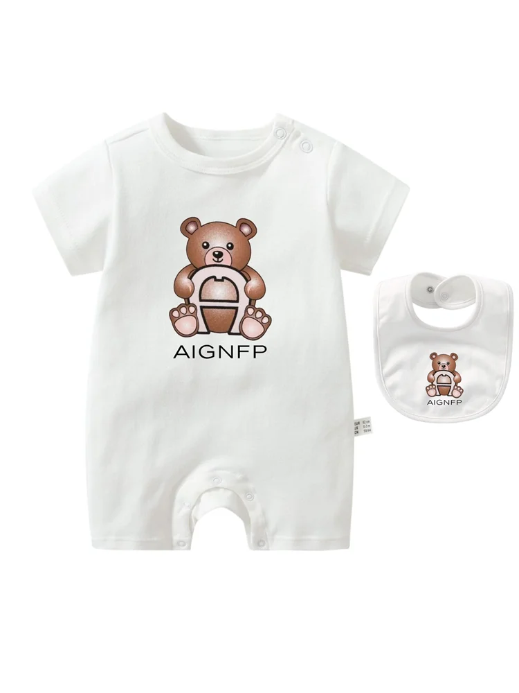 Cute Bear Romper Newborns Clothes 2025 Summer Hot Sale New Toddler Boys Jumpsuit %100 Cotton Soft Bib scarf 2Pcs Set Baby Romper