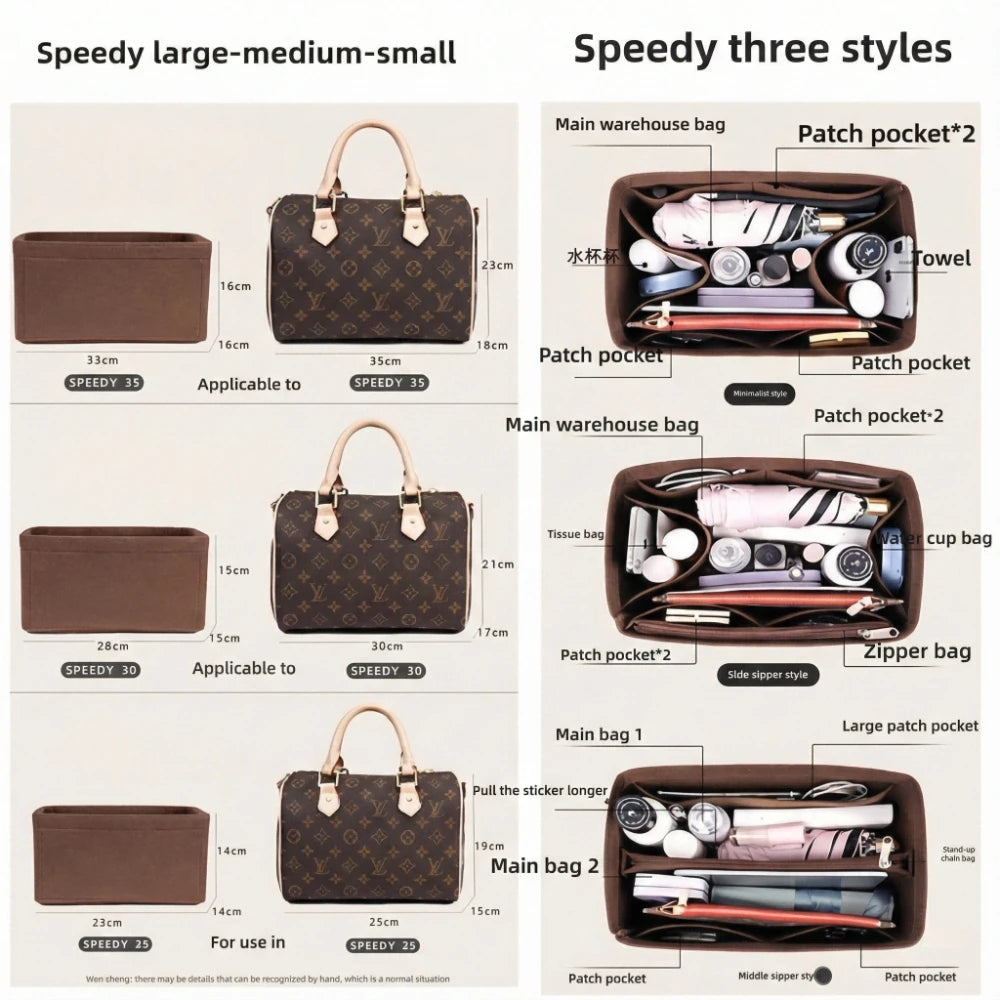 Organisateur de Sac Felt Purse Insert Organizer for Luxury Handbag Speedy 25 30 35 Makeup Bag Shaper Liner Travel Inner Pouch