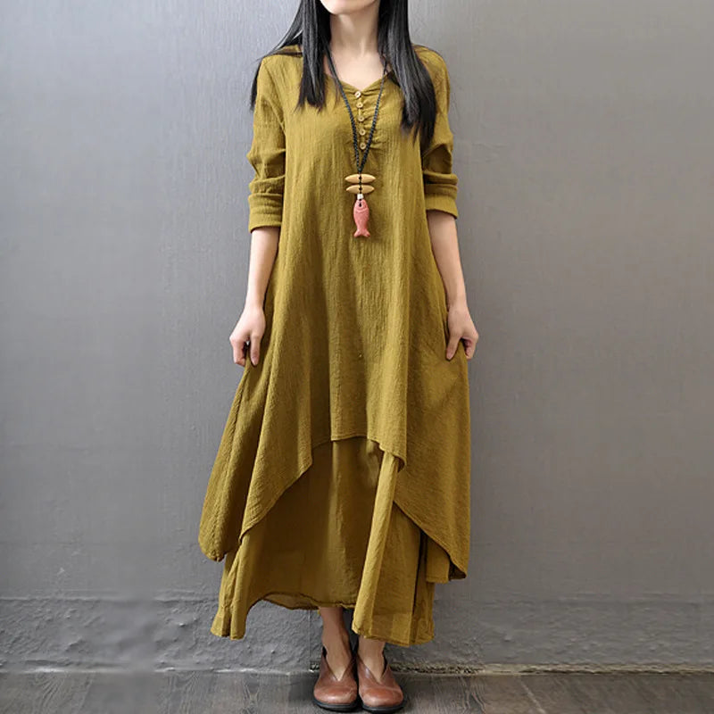 Irregular button women's cotton and linen pocket dress Korean round neck short sleeved loose solid color irregular double-layer