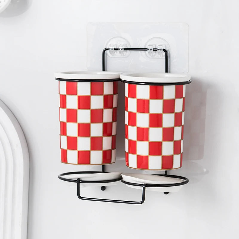 Checkerboard Ceramic Chopsticks Holder Drain Rack Chopsticks Basket Chopsticks Box Cutlery Box Storage Rack Wall-mounted Shelf