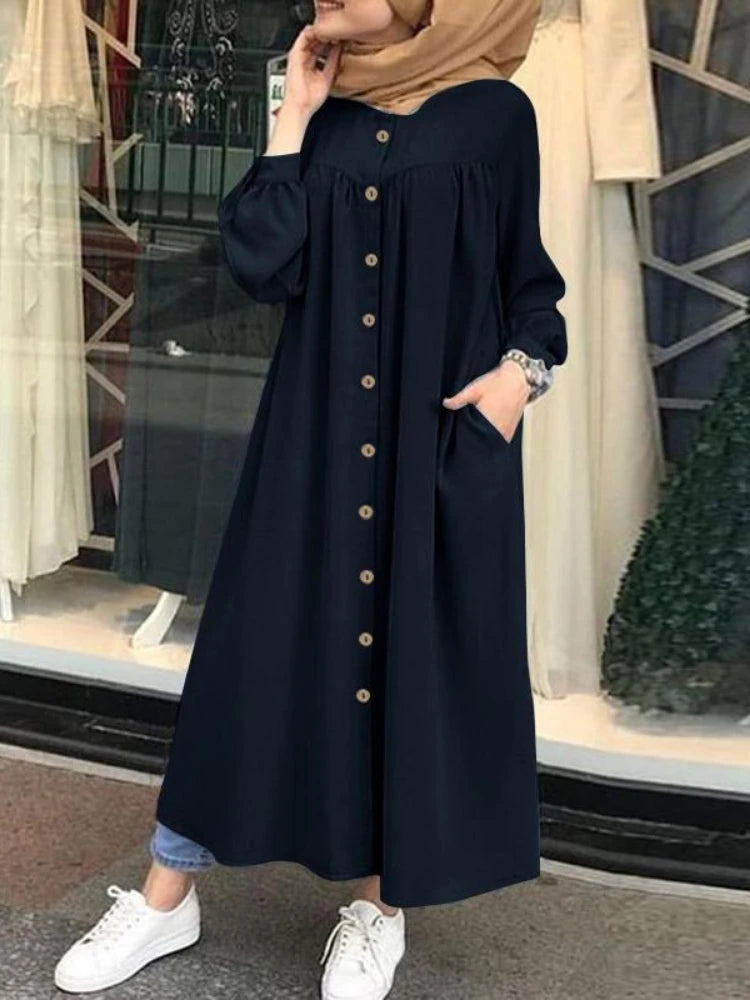 S-5XL Muslim Dress Women hijab Shirt  Long Sleeve Maxi Vestidos Female Button Robe femme musulman High Wasit Solid Sundress