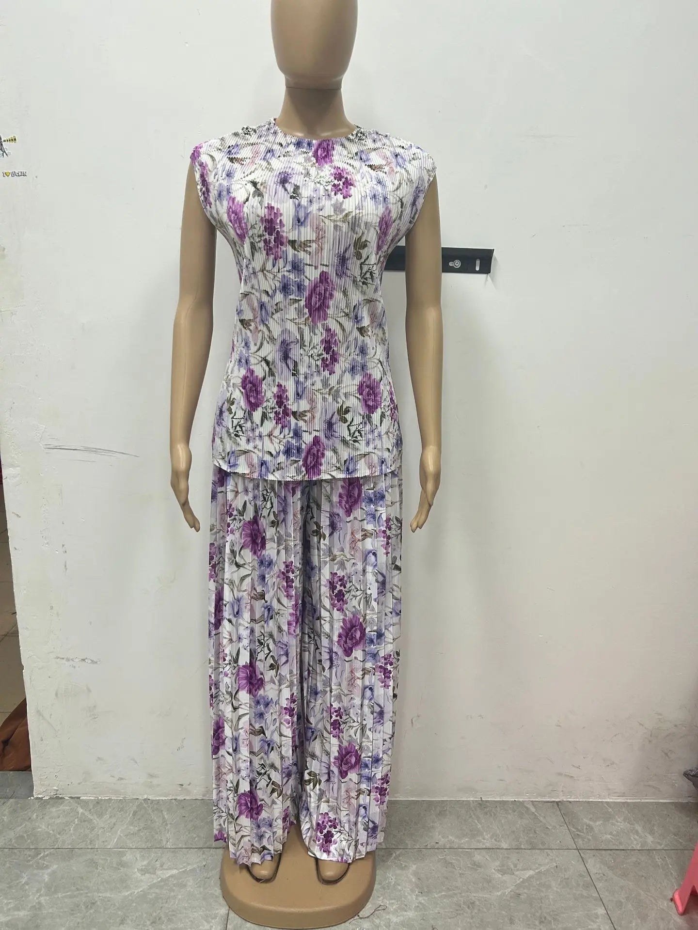 Women Set Floral Print Short Sleeve Pleated T-Shirt + Wide Leg Pants 2025 Street Sexy Two 2Piece Sets Outfits Tracksuit