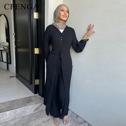 Two Piece Muslim Sets for Woman Ramadan Dubai Modest Abaya Dress Islamic Femme Vacation Travel Outfit Fashion Turkey Robe 2025