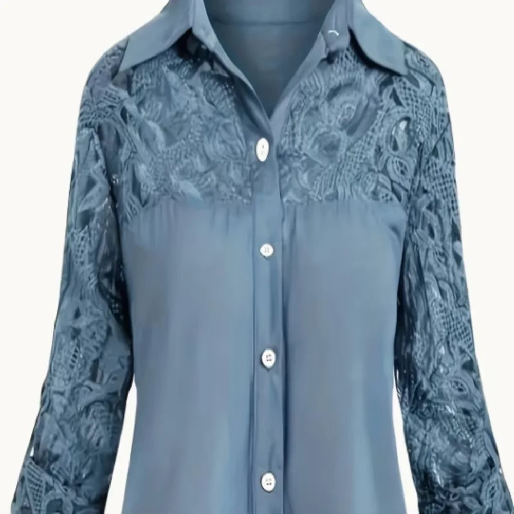 Plus Size1Xl-5XL New Women Fashion Elegant Polyester Shirt Light Blue Lace Sleeve Patchwork  Button-Up Turn- Collar Shirt Top