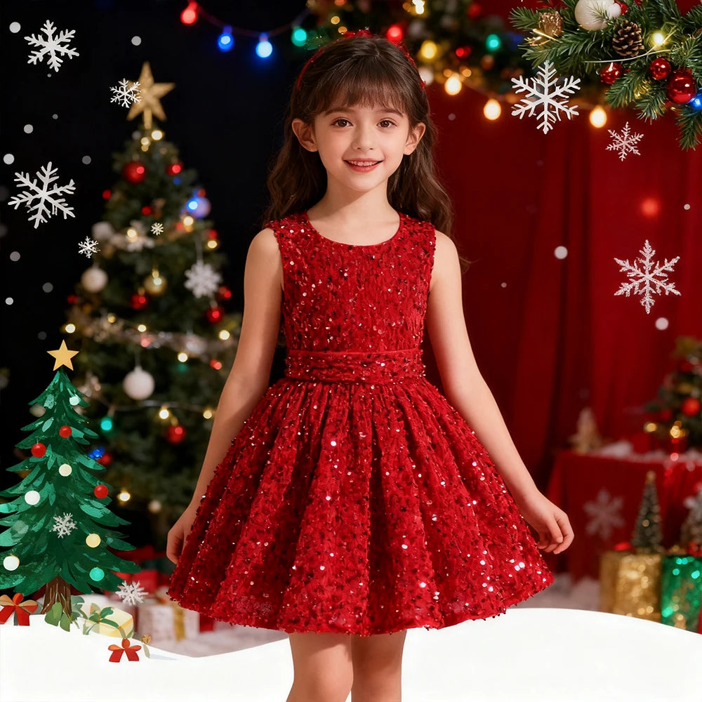 Sequin Christmas Girls Party Dresses Shiny Red And Green Princess Dress For Xmas Evening Dress Children's Girly Dresses Birthday
