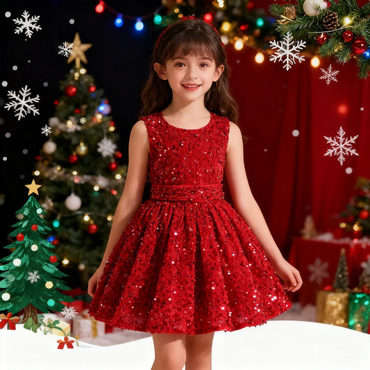 Sequin Christmas Girls Party Dresses Shiny Red And Green Princess Dress For Xmas Evening Dress Children's Girly Dresses Birthday