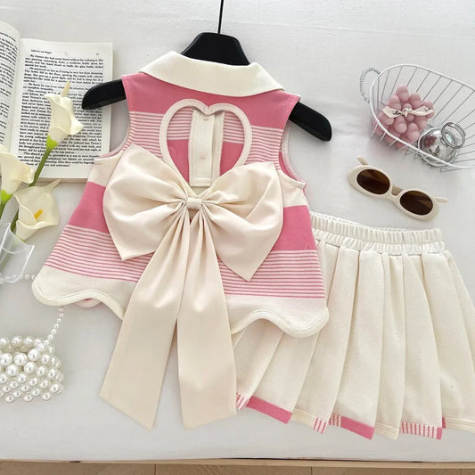 Pink 2-9 Years Girl Clothes Fashion Fold-over Collar Striped Love Print T-shirt + Pleated Skirt 2 Pcs Set Back Bow Decoration