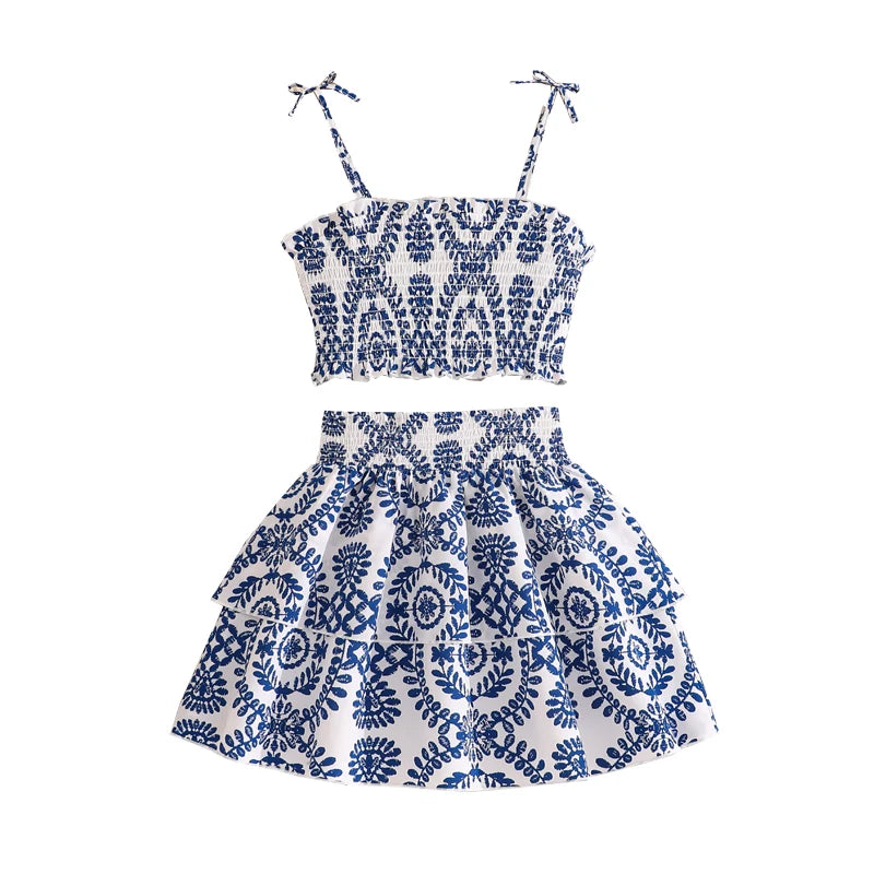 Girls 8-12 Blue White Floral 2-Piece Set, Front Spaghetti Straps Top & Tiered Skirt/Back Smocked, Casual Daily Outfit