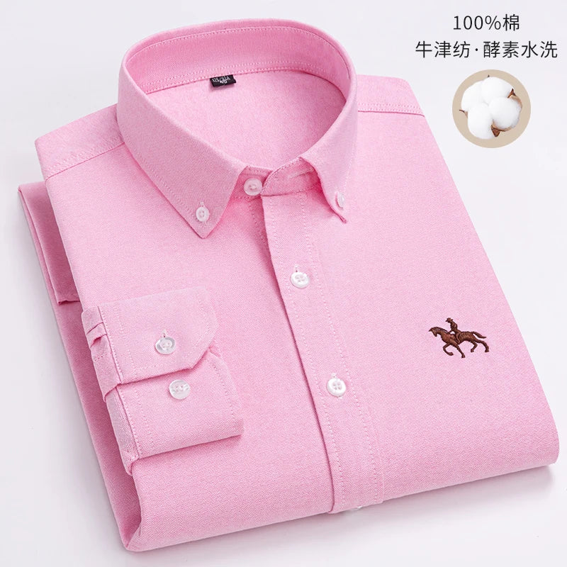 S~6XL Cotton Oxford Shirt For Mens Long Sleeve Plaid Striped Casual Shirts Male Pocket Regular-Fit Button-Down Work Man Shirt