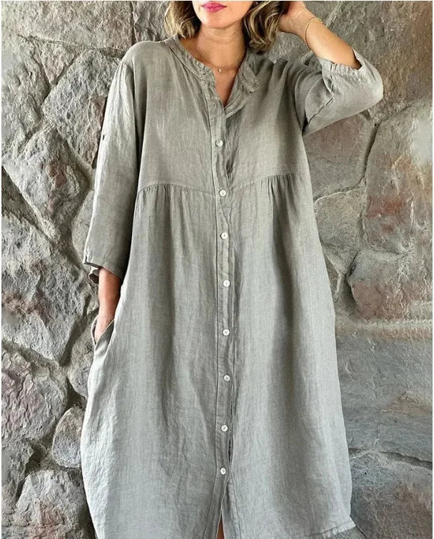 Casual Cotton Linen Long One-piece Pure Color Button-down Women's Dress Cross-border New Style Ankle-length Regular Sleeve
