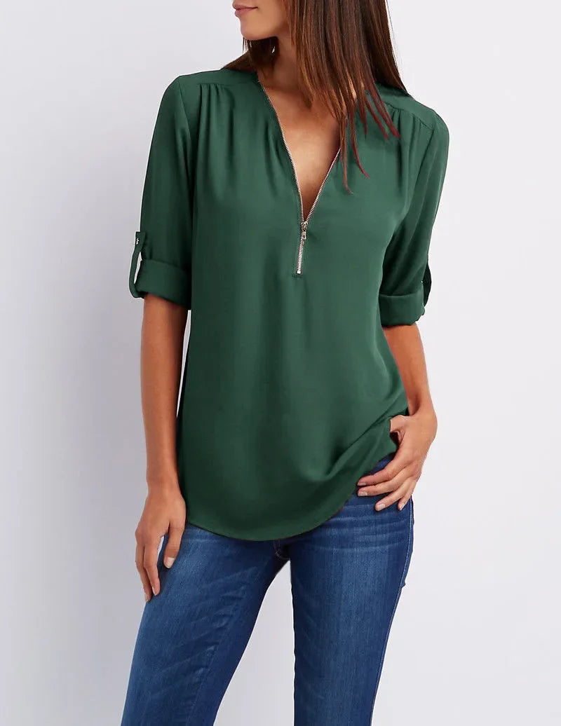 2025 Hot Sale Women Cool Loose Shirt Deep V Neck Chiffon Fashion Blouse Casual Ladies Tops Sexy Zipper Pullover Plus Size