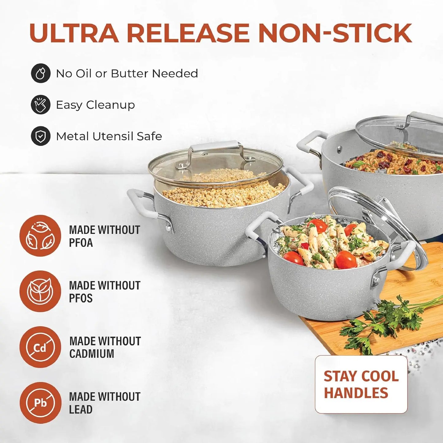 Gray Nonstick Pots and Pans Set, 6-Piece Stackable Cookware with Lids, Dishwasher Safe and Toxin Free
