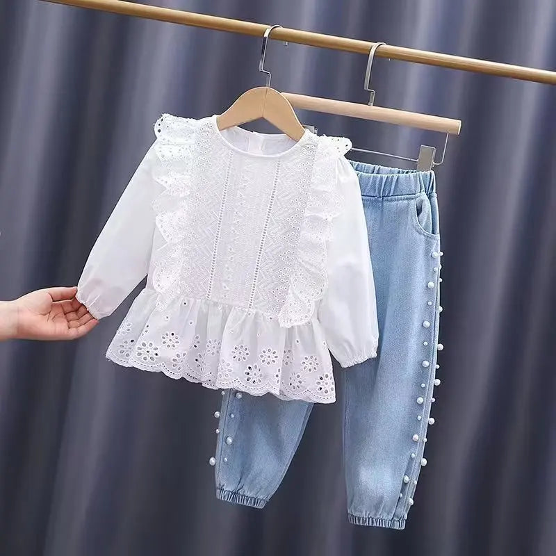 2025 Kids Girls Clothes Set Summer Short Sleeve Shirt + Denim short dress Triple Breasted Outfits Baby Clothing 4 5 6 7 8 9 10 1