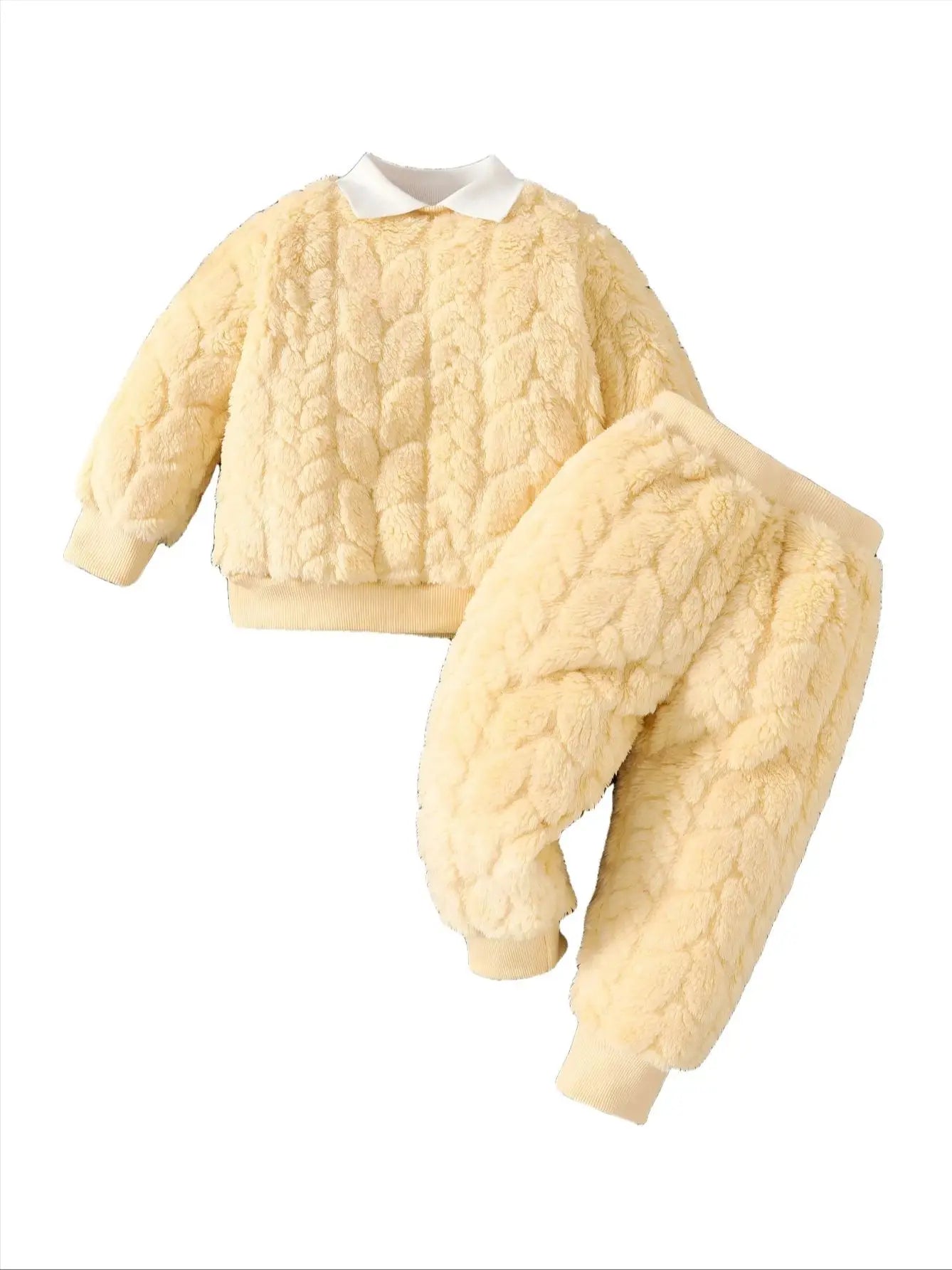 Baby Girl Casual Hot Double Jacquard Pattern Autumn and Winter Plush Long Sleeve Ribbed Collar Top and Pants Set