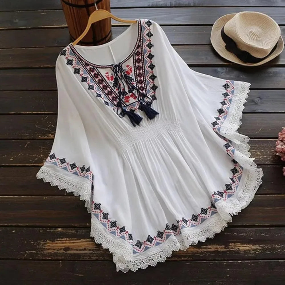 Sweet Lace-up Tassel Bohemian Style T-shirt Loose Round Neck Short Sleeve T Shirt Embroidery Blouses Ethnic Style Tops Women