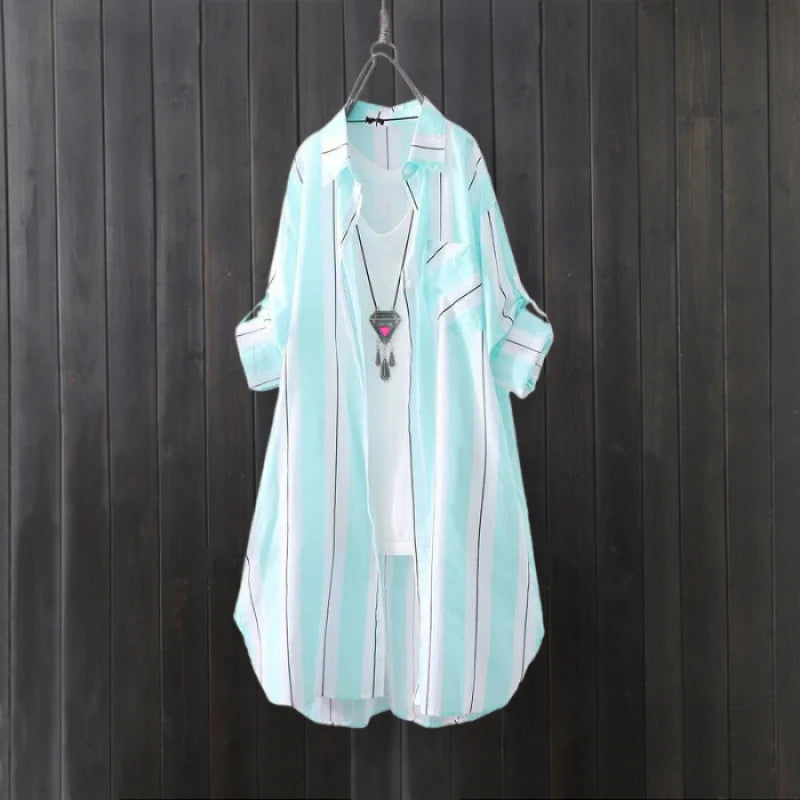 Chiffon shirt long-sleeved fashionable sun protection shirt top design loose striped shirt jacket plus size woman clothing