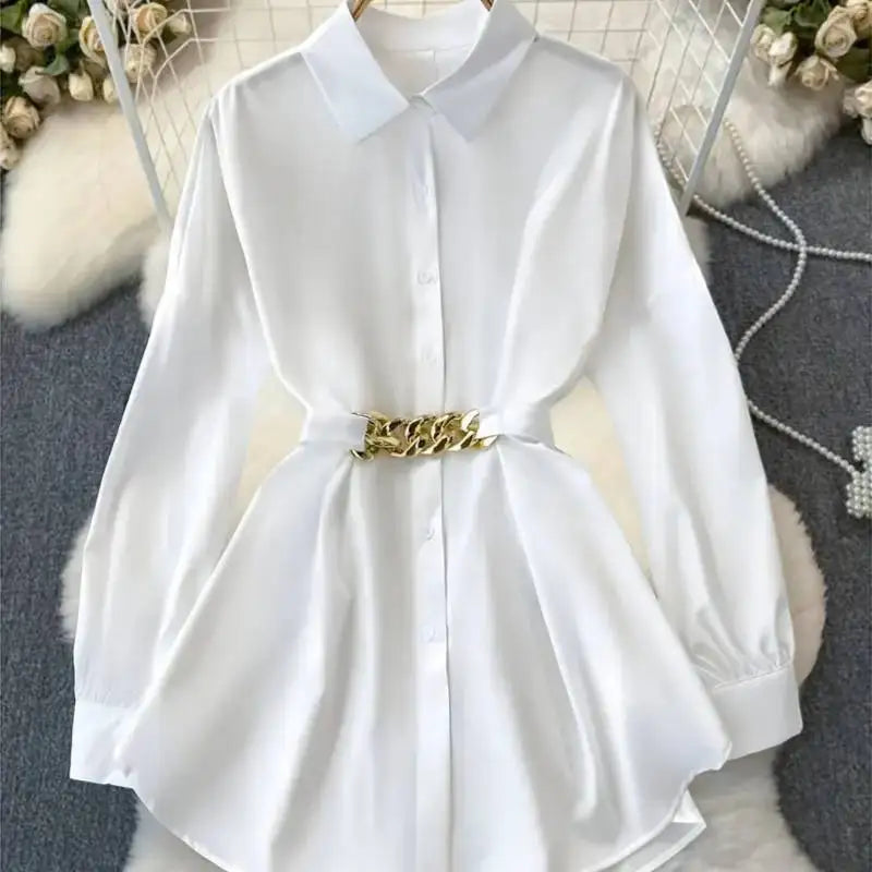 2025 French-Inspired Cinched Waist Blouse: White Shirt with Adjustable Belt Detail & Elegant Long Sleeves for Autumn Office
