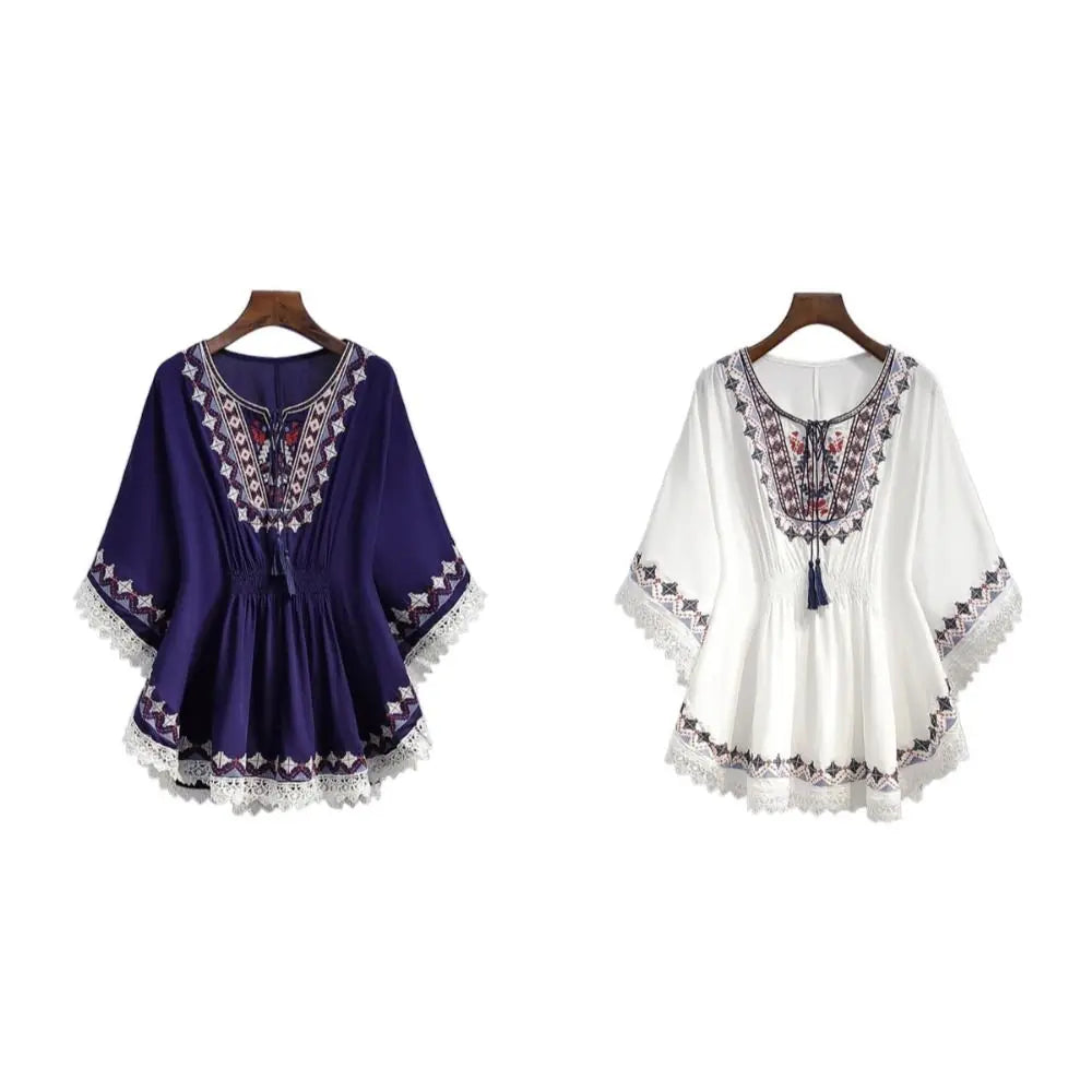 Sweet Lace-up Tassel Bohemian Style T-shirt Loose Round Neck Short Sleeve T Shirt Embroidery Blouses Ethnic Style Tops Women