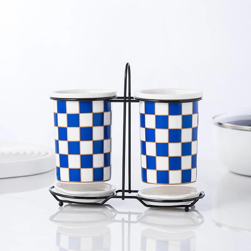 Checkerboard Ceramic Chopsticks Holder Drain Rack Chopsticks Basket Chopsticks Box Cutlery Box Storage Rack Wall-mounted Shelf