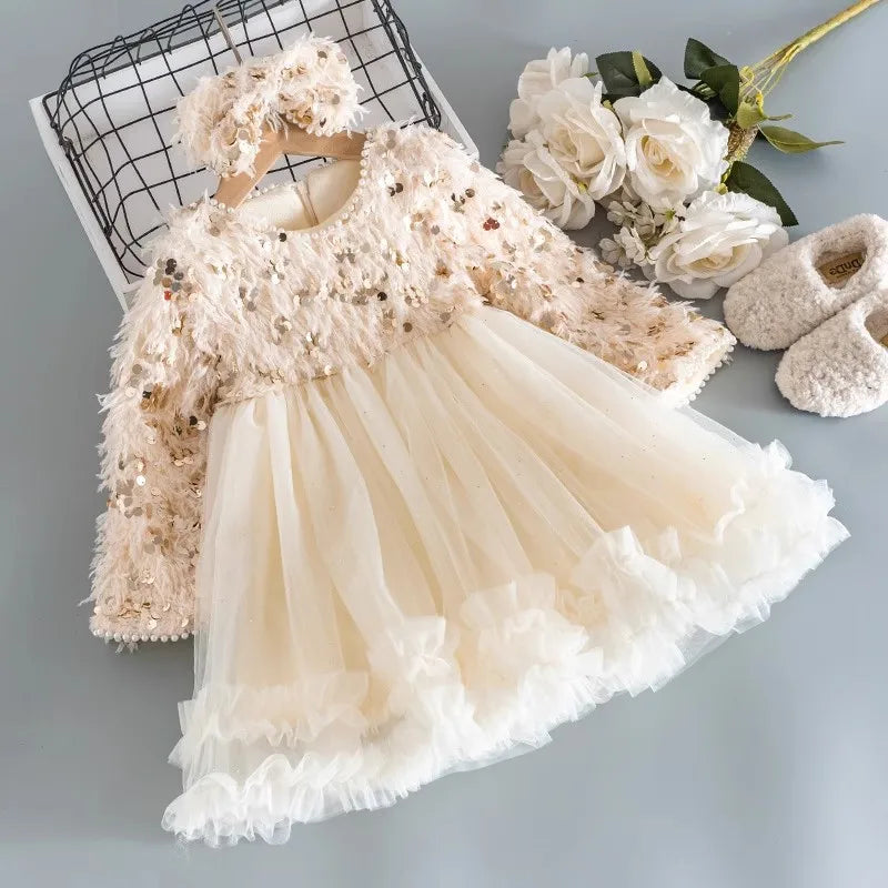 Winter New Girl's Dresses 2024 With Tassels Sequins Studded Beads Plush And Thickened Princess Dress Birthday Dress With Bow