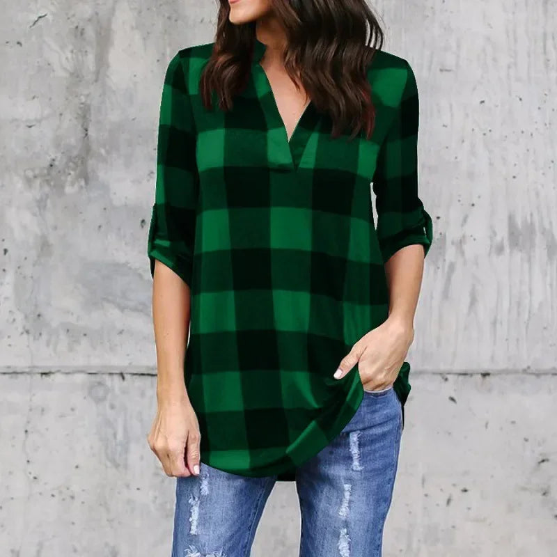 Fashion Plaid V-neck T-Shirt Woman Top Summer T Shirt Women Clothes  Ladies Tops Casual Beach Sun Blusas