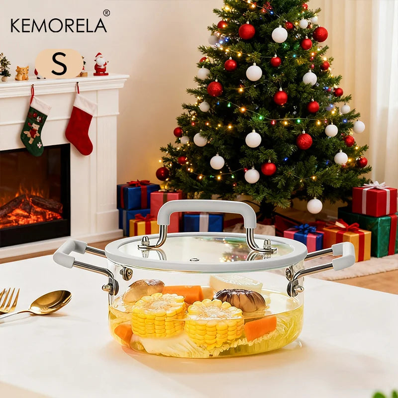 1PCS Glass Saucepan with Lid Multiple Capacity Options Heat-Resistant Glass Cooking Pot Dual Handle Soup Pot Kitchen Cooking
