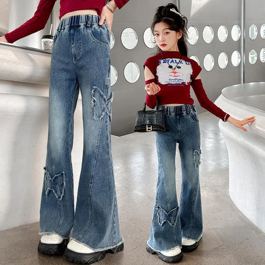 2025 Girls Wide Leg Jeans Loose Pants Spring Autumn Teen Casual Trousers Kids Fashion Straight Denim Long Pants Children Clothes