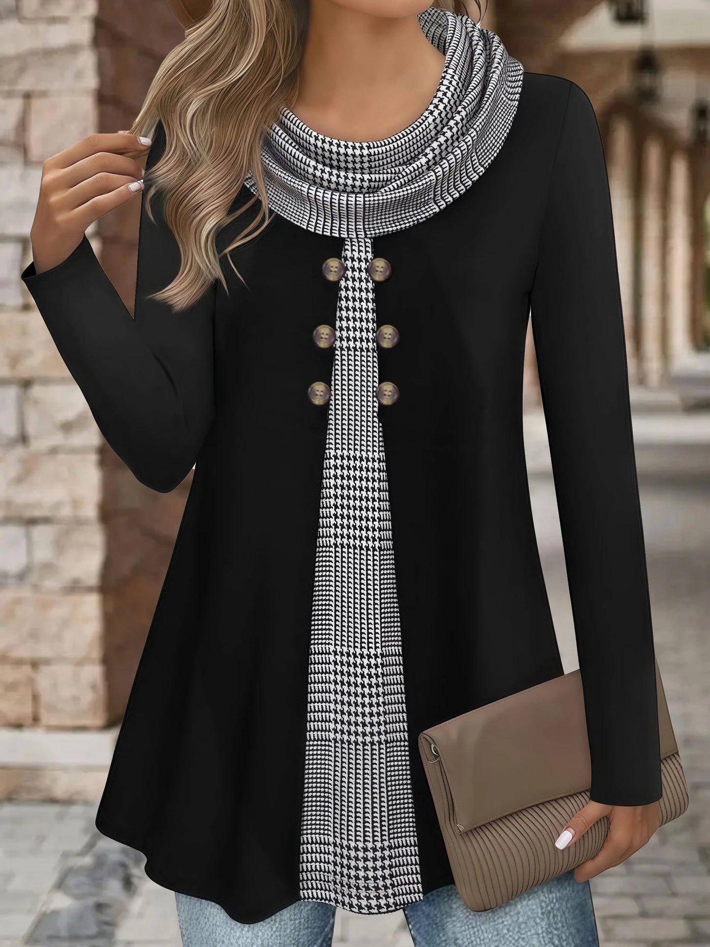 European and American fashion plaid print fake two-piece pleated scarf wild button plus size women's thin long-sleeved T-shirt