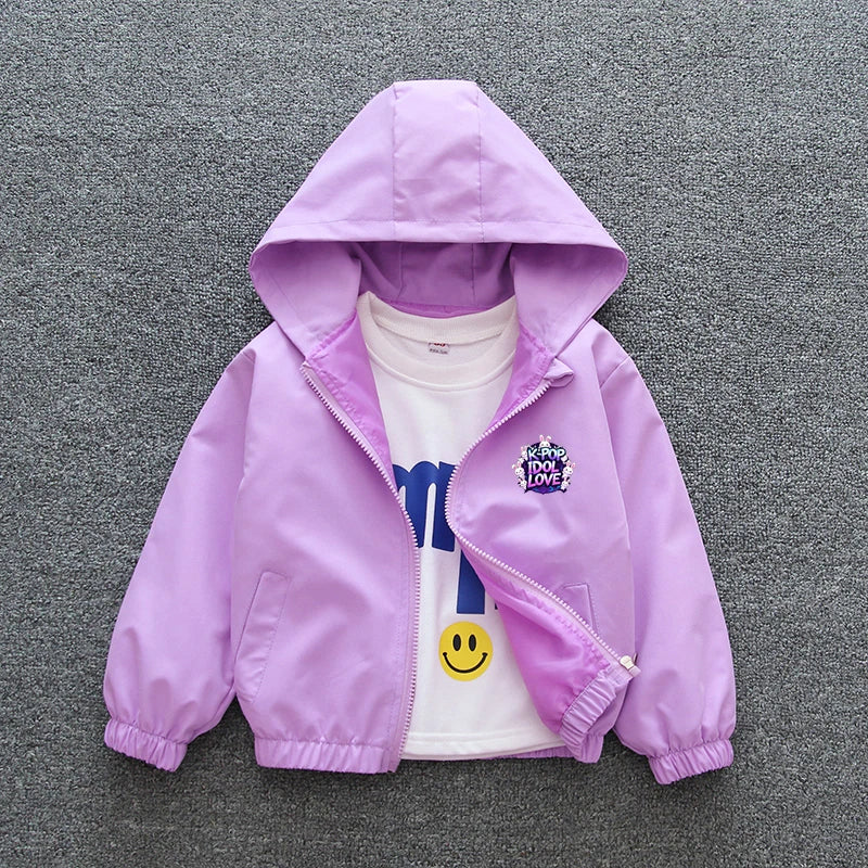 K-pop Idol Print Hooded Jacket for Girls 2026 New Spring Autumn Children Waterproof Windbreaker Coat Kids Daily Casual Outerwear