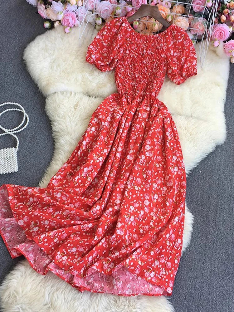 Beach Vacation Floral Print Dress Women Puff Sleeve Square Collar High Waist Dresses Korean Fashion Party Long Dress