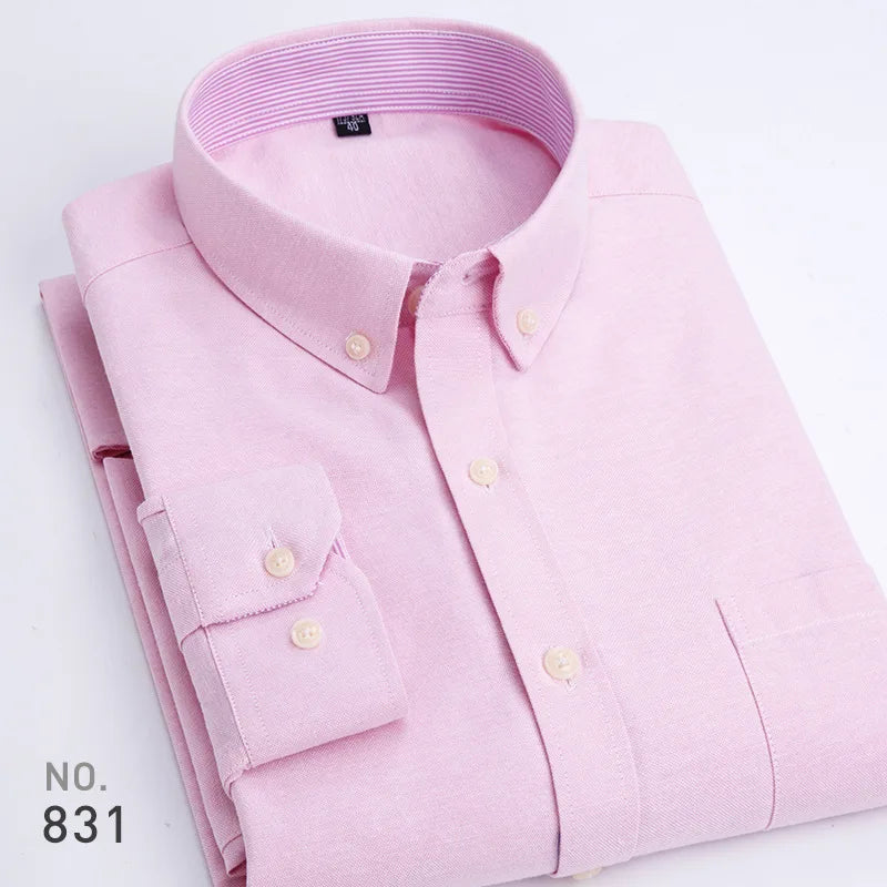 Mens Striped Plaid Oxford Spinning Casual Long Sleeve Shirt Comfortable Breathable Collar Button Design Slim Male Business Dress