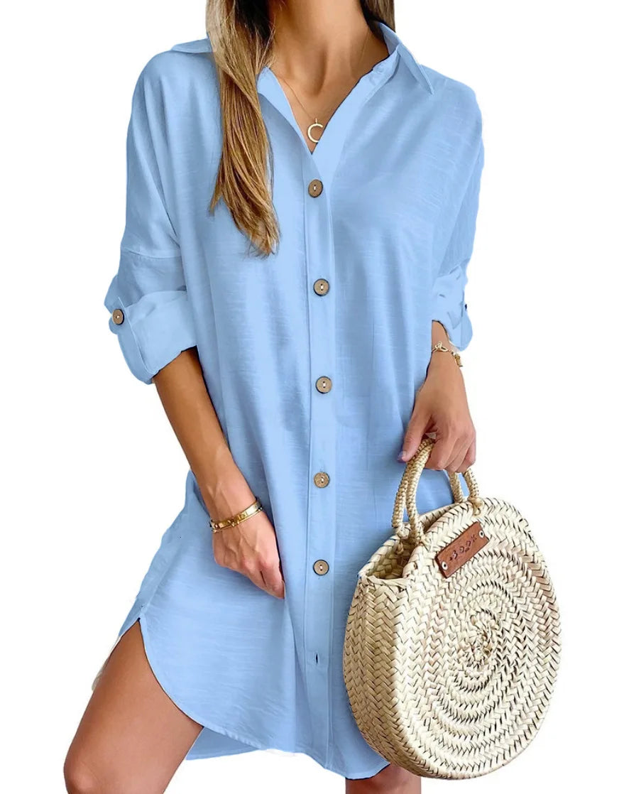 Women's Long Sve Collar Button up irt Dr High Waist Skirt Sle Casual Faion Polyester Fabric Iron Free Summer Dr