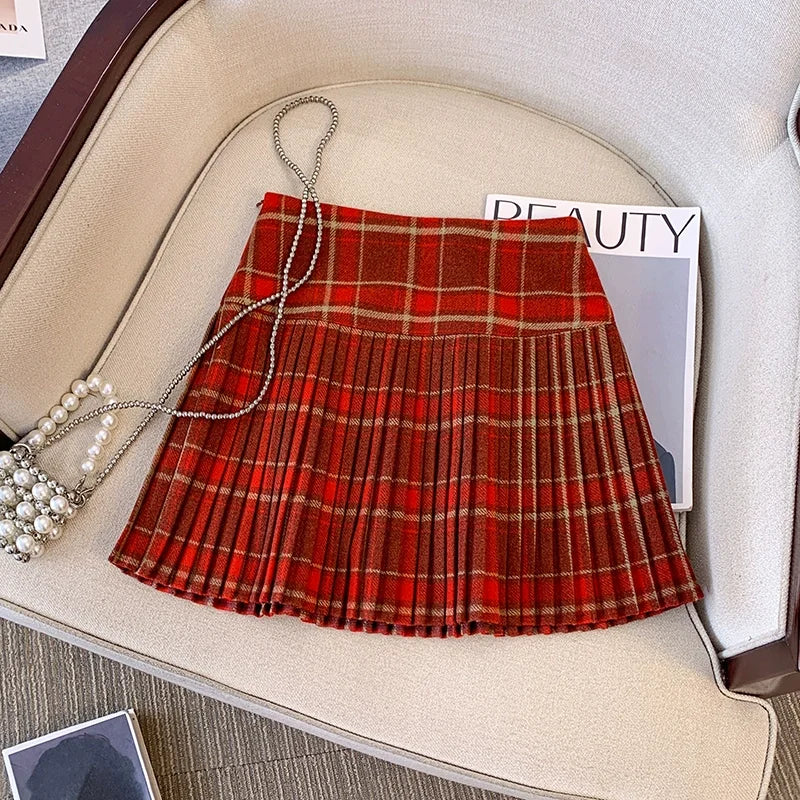 Plaid Pleated Mini Skirt Thick Wool Short Skirt High Waist Box-pleat Miniskirt for Women Teen-girl Preppy Style Outfit