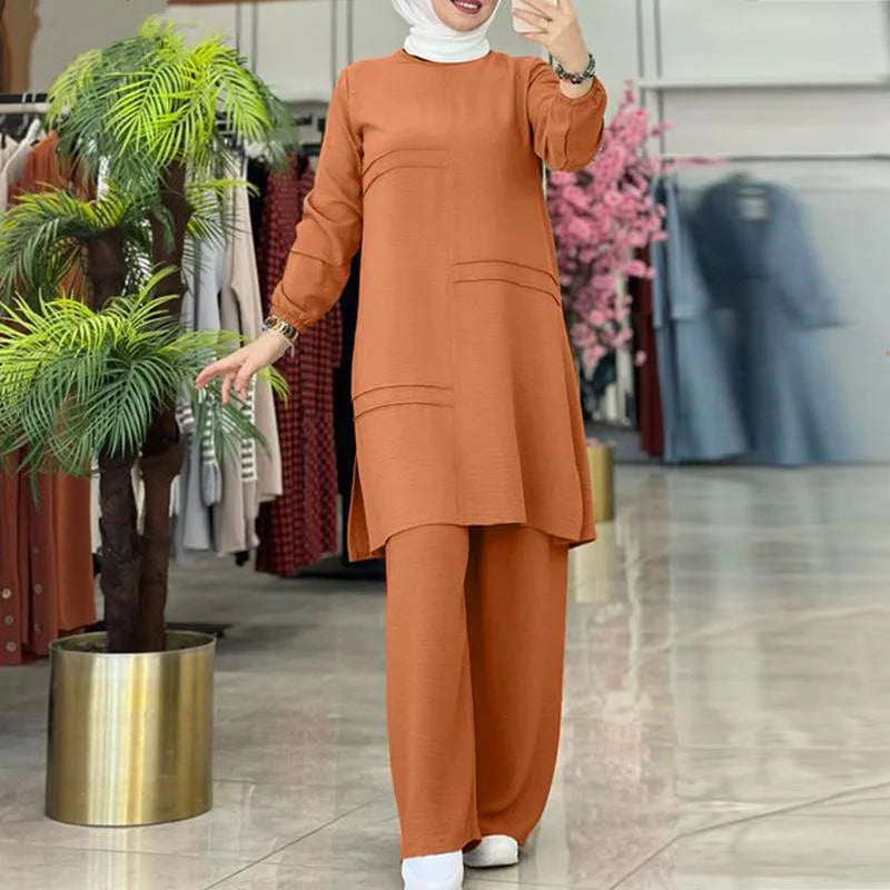 Muslim Women Long Tops Blouse Islamic Sets Women Muslim Pants Ramadan Prayer Clothes 2 Piece Set Abayas for Women Dubai