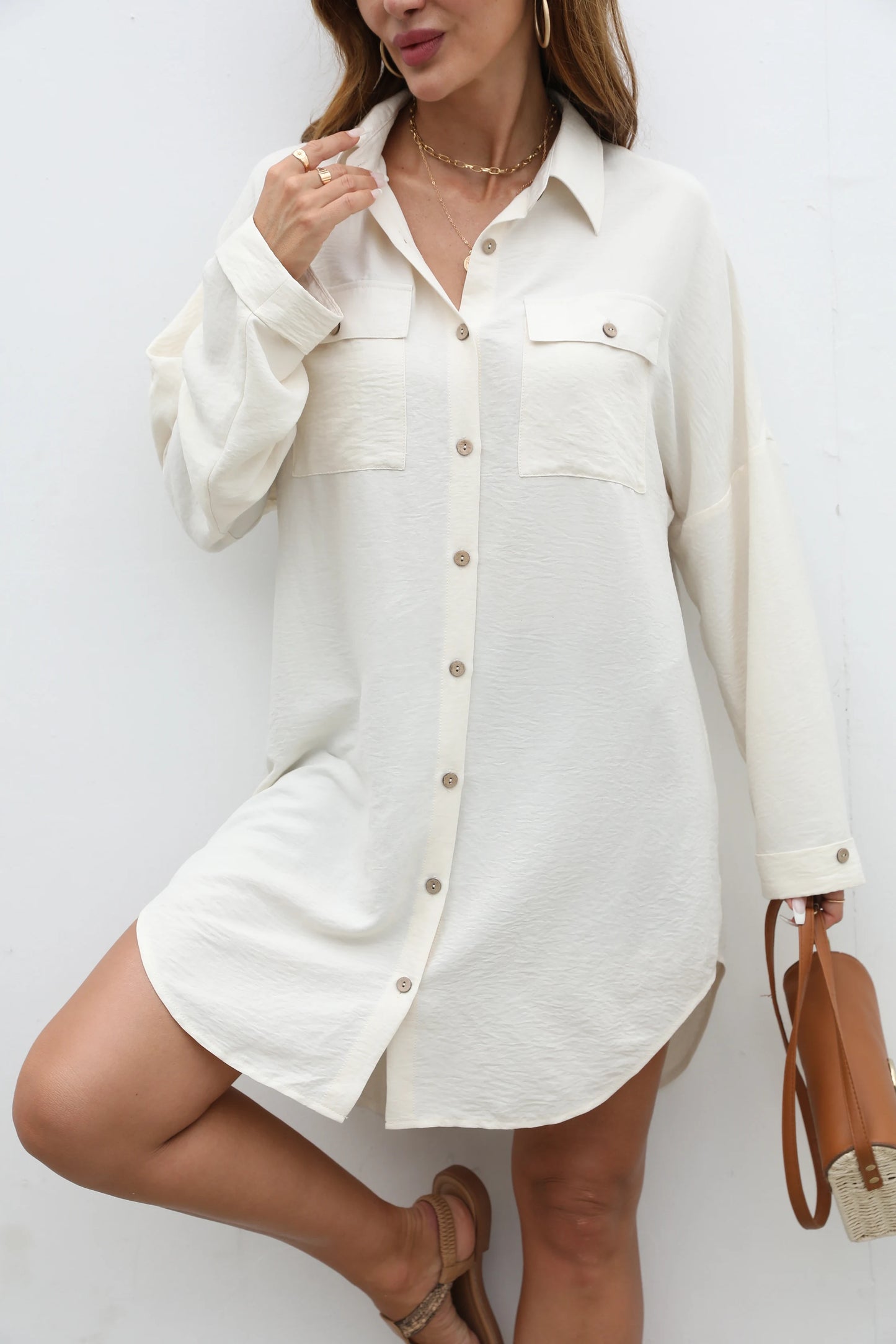 Creamy White Women's Loose Tie-Front Shirt, Long Sleeve Button-Down Top with Pockets