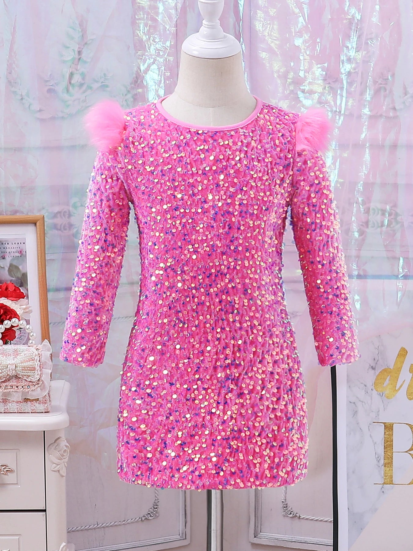 Cute Stylish Girls Pink Sequined Round-Neck Ceremonial Dress Spring Autumn Fashionable Kids' Special Occasion Outfit