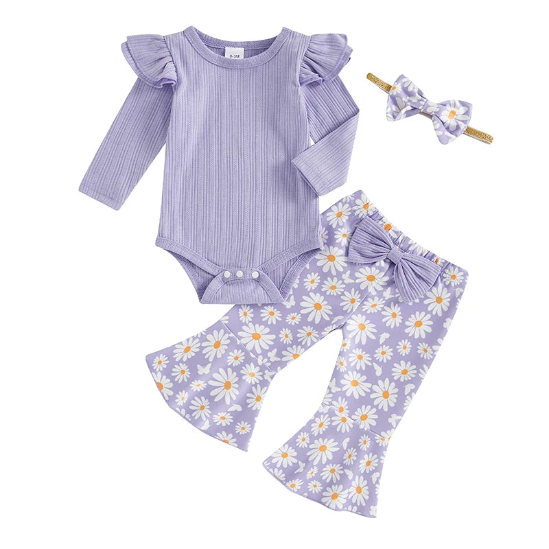 2024-05-23 Lioraitiin Baby Girl 3 Piece Fall Outfit, Long Sleeve Ribbed Romper Daisy Flare Pants Bow Headband