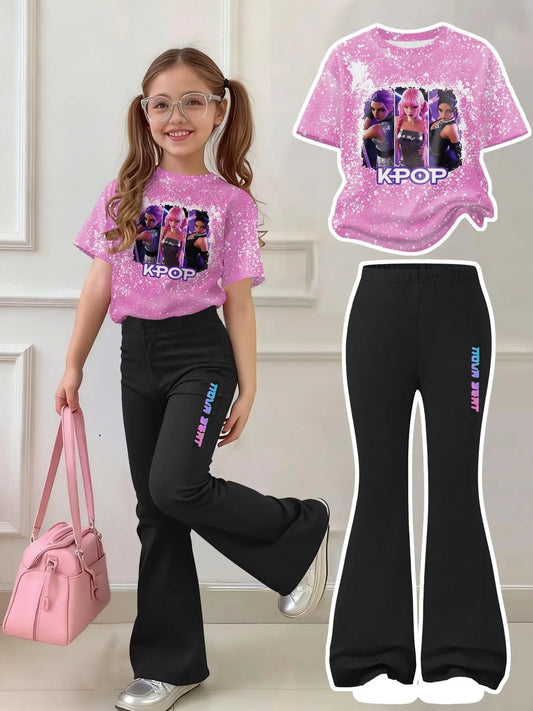 Girls 2-Piece K-Pop Outfit - Pink Splatter Print T-Shirt & Black Flared Pants Set for Kids