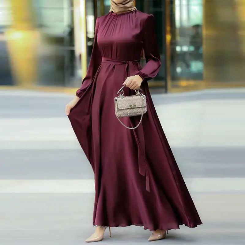 Muslim Daily Casual Solid Color Pullover Patchwork Long Skirt With Mid Waist Round Neck And Long Sleeves Dress