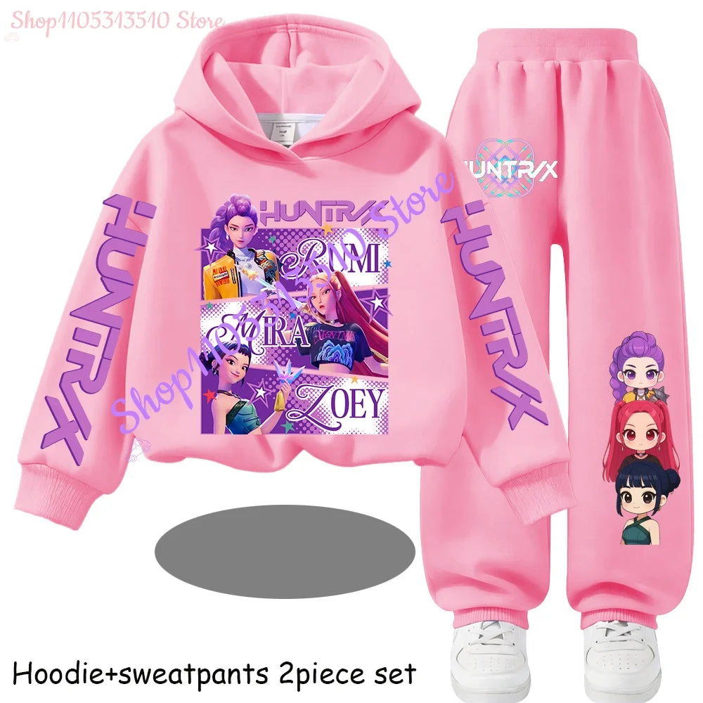 Hot Children's Hooded Sweater Set Huntrx Mira Rumi Zoey  Girl Cute Casual Top for Kids Sports Shirt with Cartoon Print 2 Pieces
