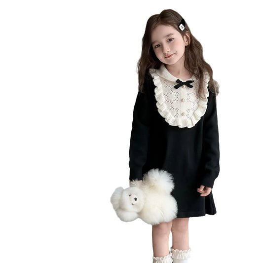 Girls Knitted Dresses 2025 Autumn and Winter New French Style Woolen Skirts Children Knitted Dresses