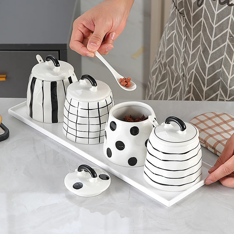 Black and White Striped European Ceramic Seasoning Cans, Home Seasoning Boxes, Home Kitchen Supplies.
