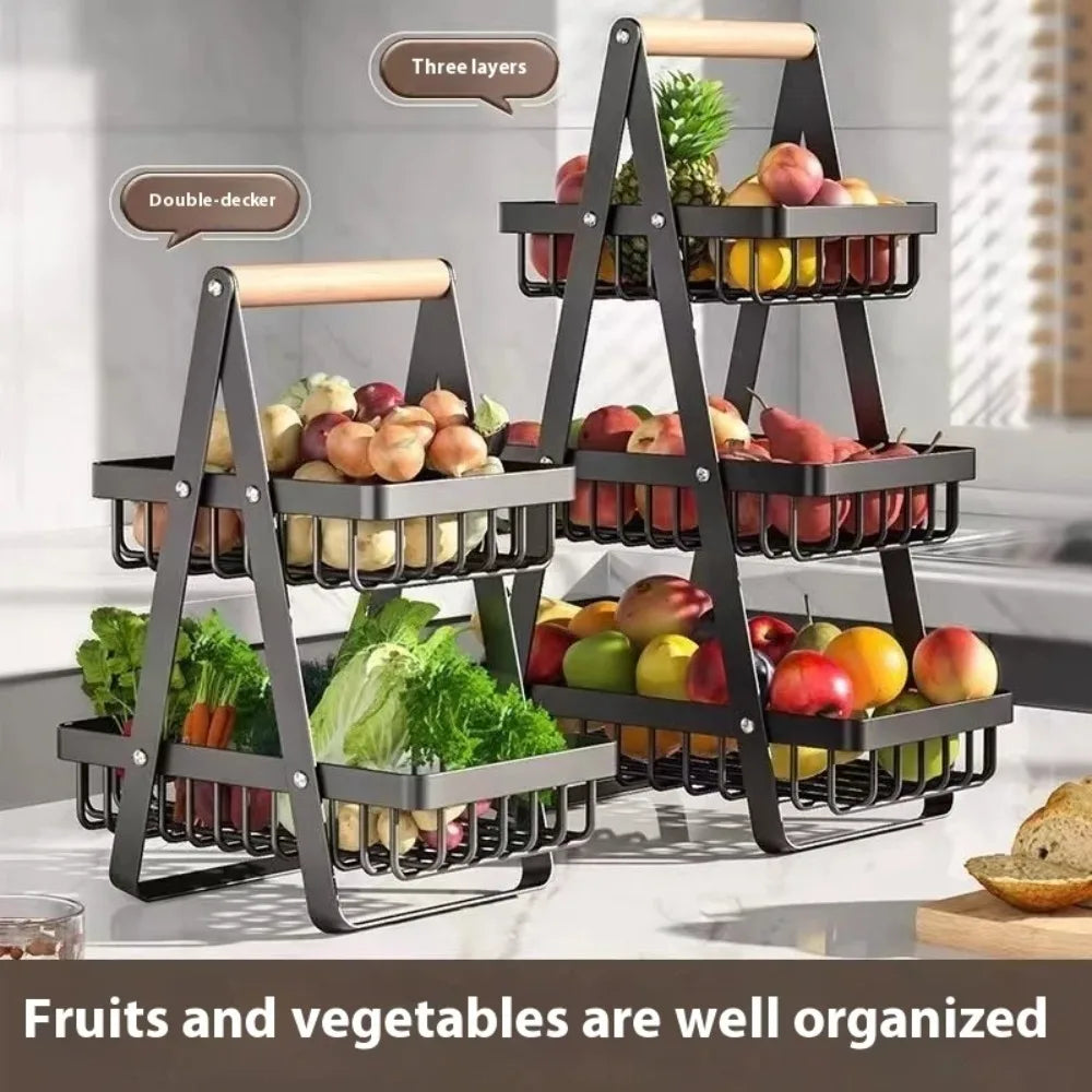 Wrought Iron Kitchen Storage Rack Double-Layer Fruit Vegetable Basket Portable Handheld Desktop Storage Holder
